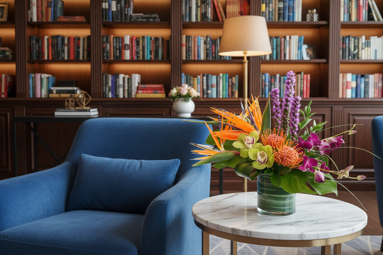 Vibrant tropical floral arrangement featuring orchids, protea, and heliconia in a stylish glass vase,available for delivery.