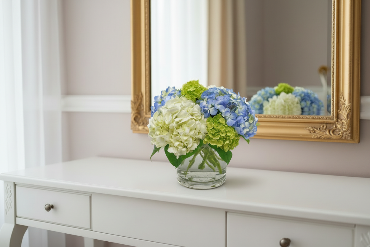 Beautiful hydrangea arrangement in a clear glass vase featuring white, blue, and green blooms. Perfect for sending it as a gift.
