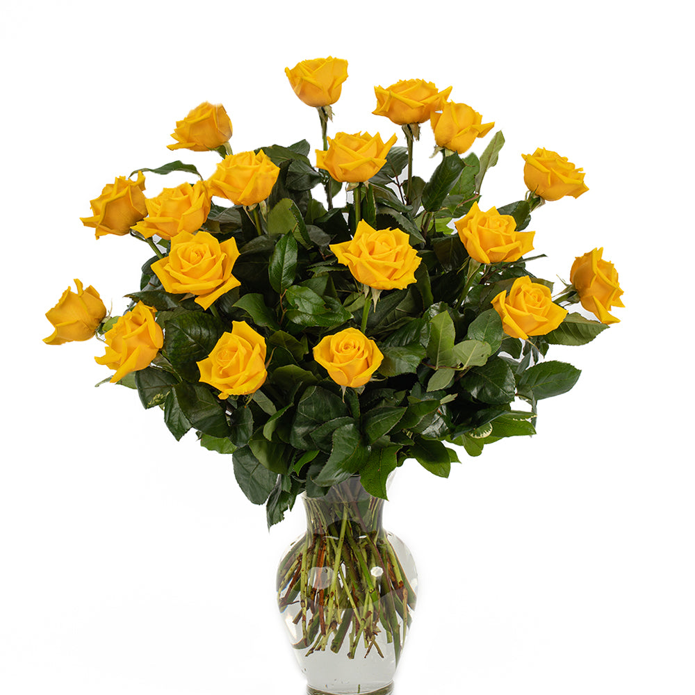 A stunning bouquet of 20 bright yellow roses in a clear vase, perfect for any celebration or special occasion.