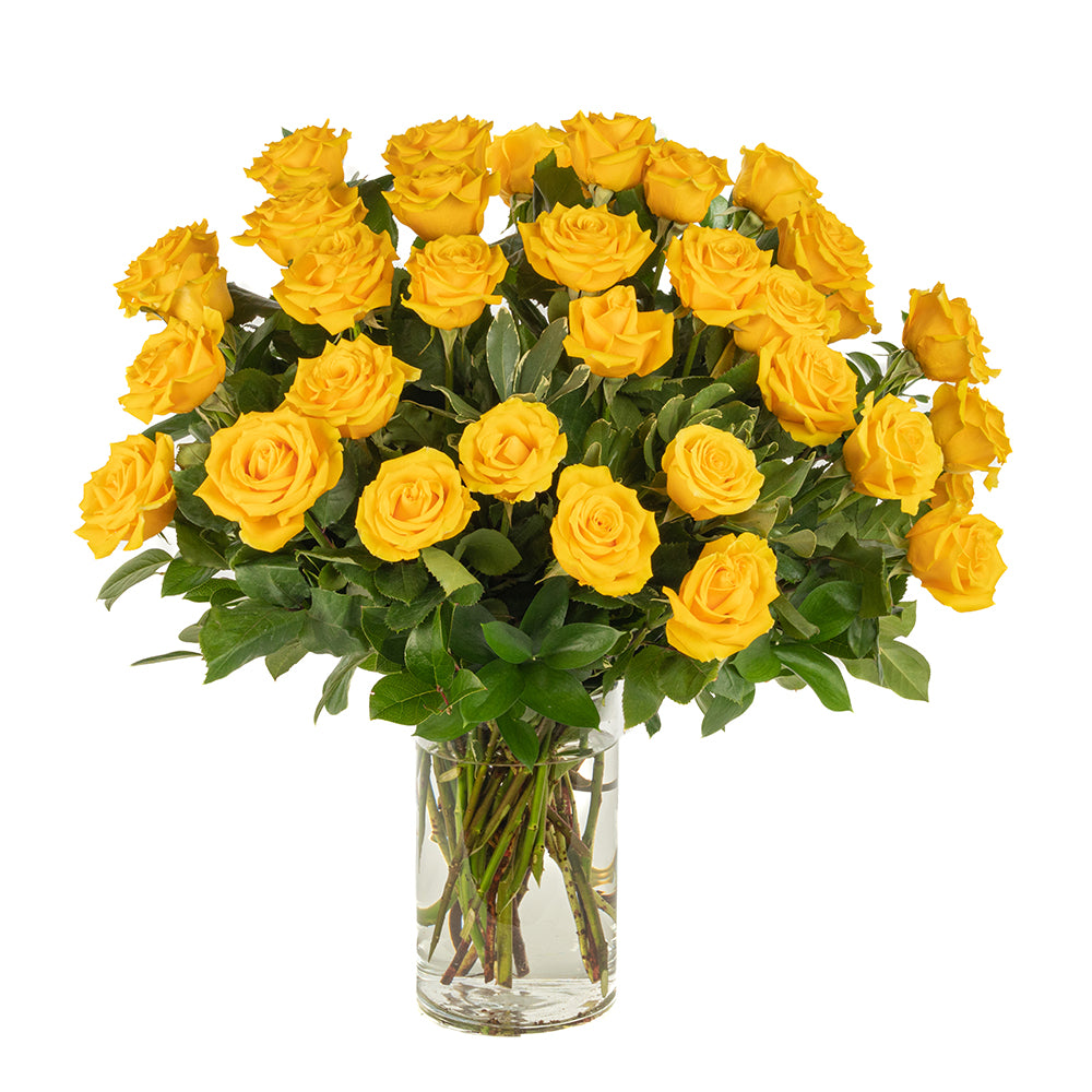 Vibrant bouquet of 24 fresh yellow roses in a clear glass vase, perfect for brightening any space.